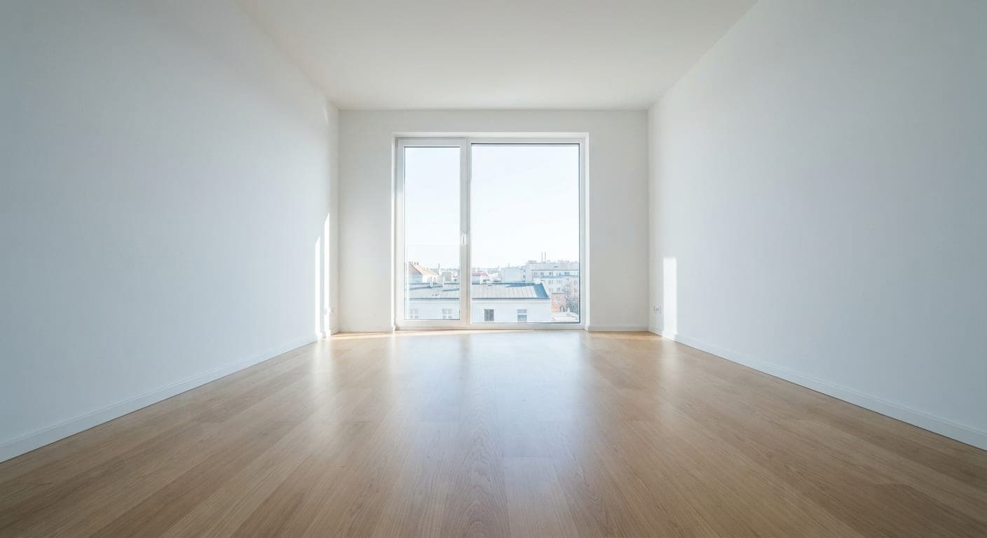 Pièce entièrement vide après remise en état : parquet nu et murs blancs