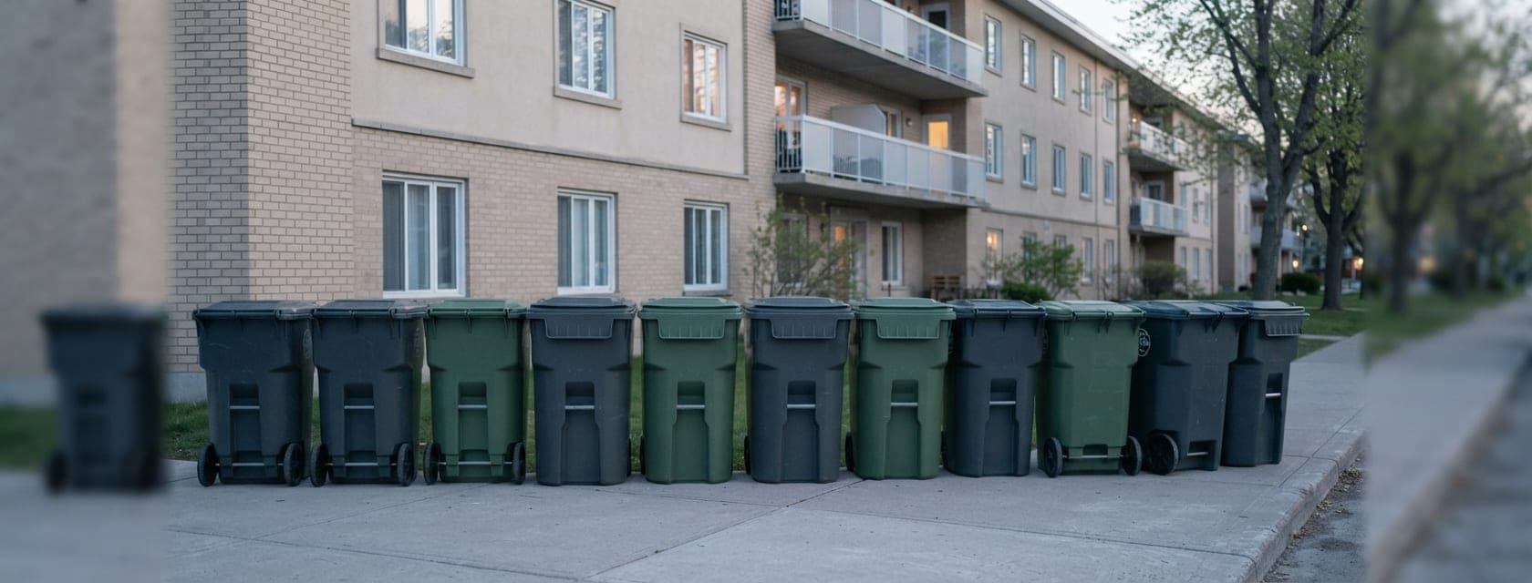 Conteneurs fermés alignés au pied d'un immeuble d'habitation