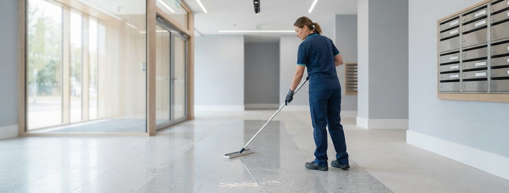 Intervenante appliquant une protection de sol dans un hall d'immeuble
