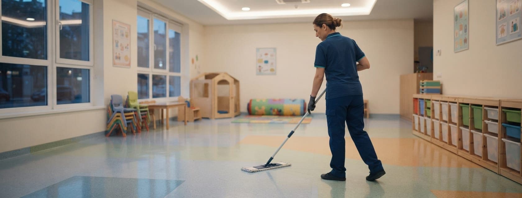 Intervenante lavant le sol d'une salle de vie de crèche, le soir