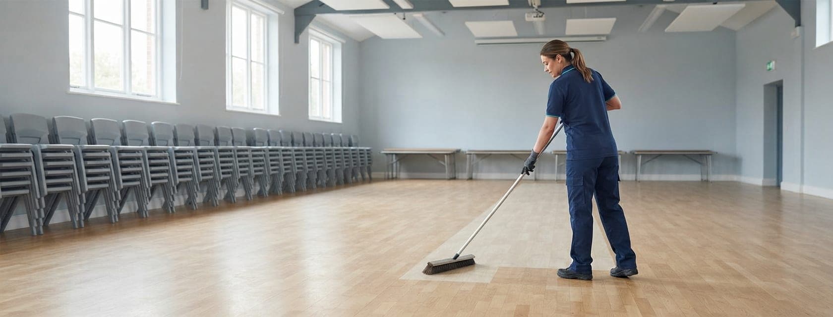 Intervenante balayant le parquet d'une salle associative