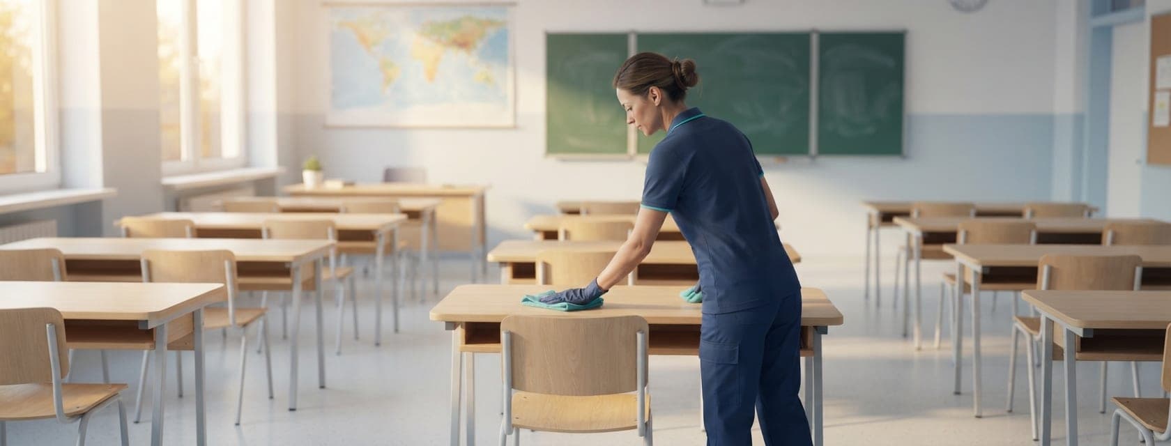 Intervenante essuyant les tables d'une salle de classe après la sortie des élèves