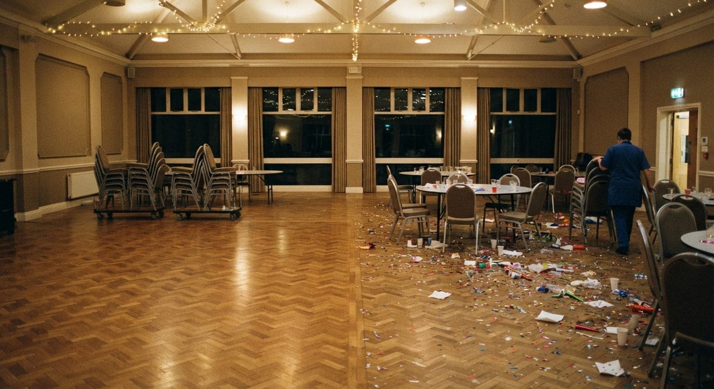 Salle de réception en cours de rangement après un événement