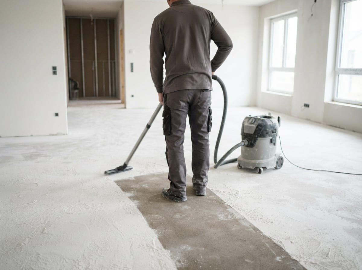 Aspiration de la poussière de plâtre au sol avec un aspirateur de chantier