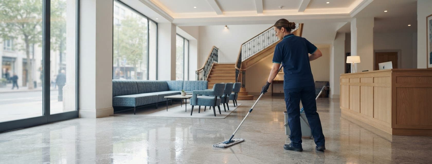 Intervenante lavant le sol du hall d'un hôtel en milieu de matinée