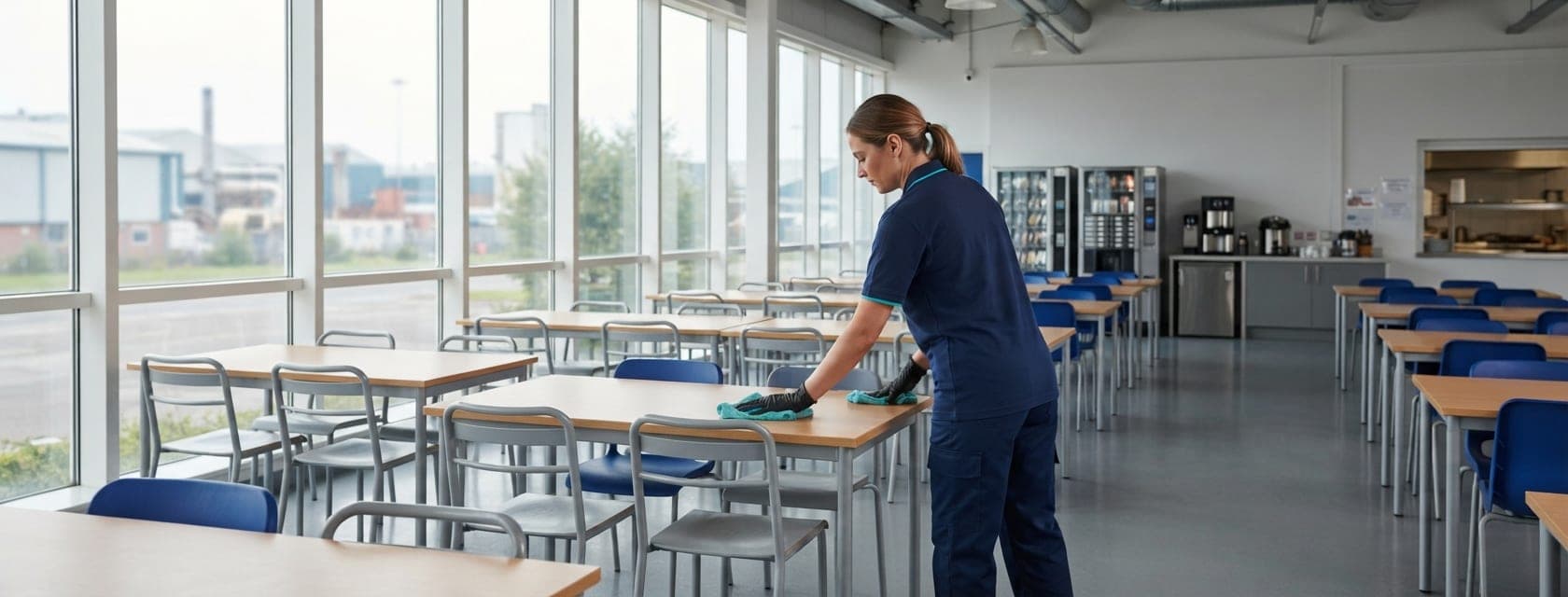 Intervenante essuyant les tables du réfectoire d'un site industriel