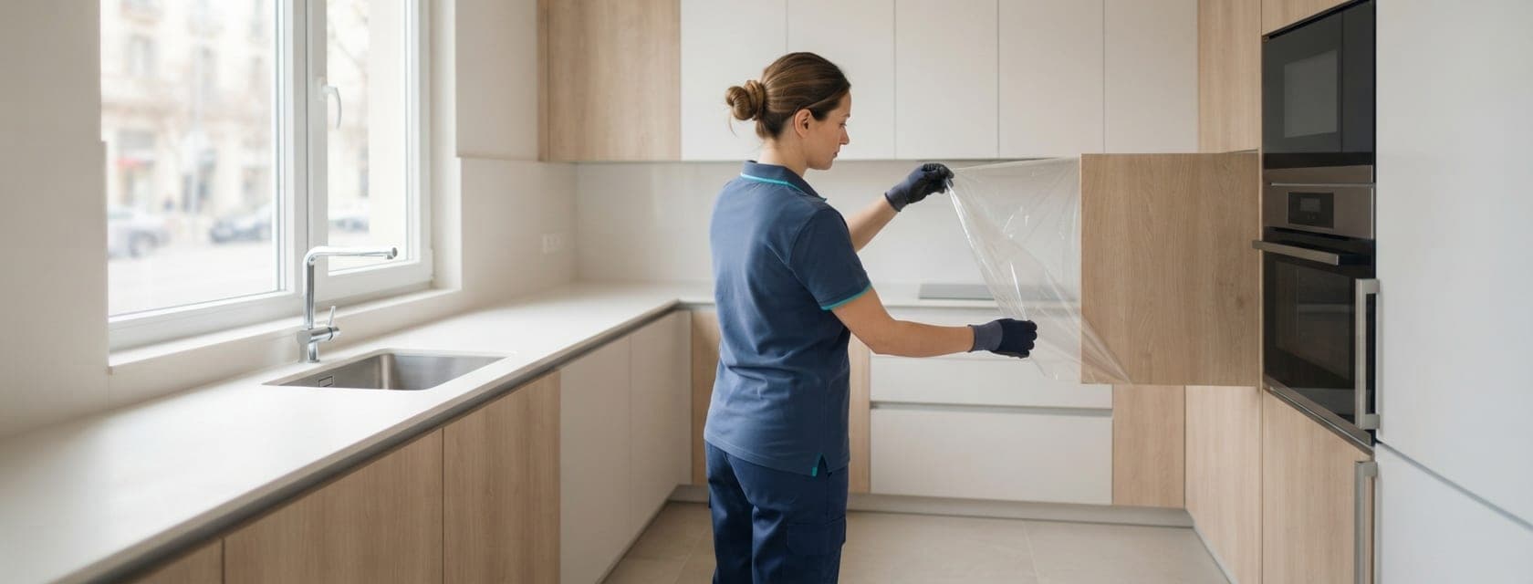 Intervenante retirant le film de protection d'une cuisine neuve