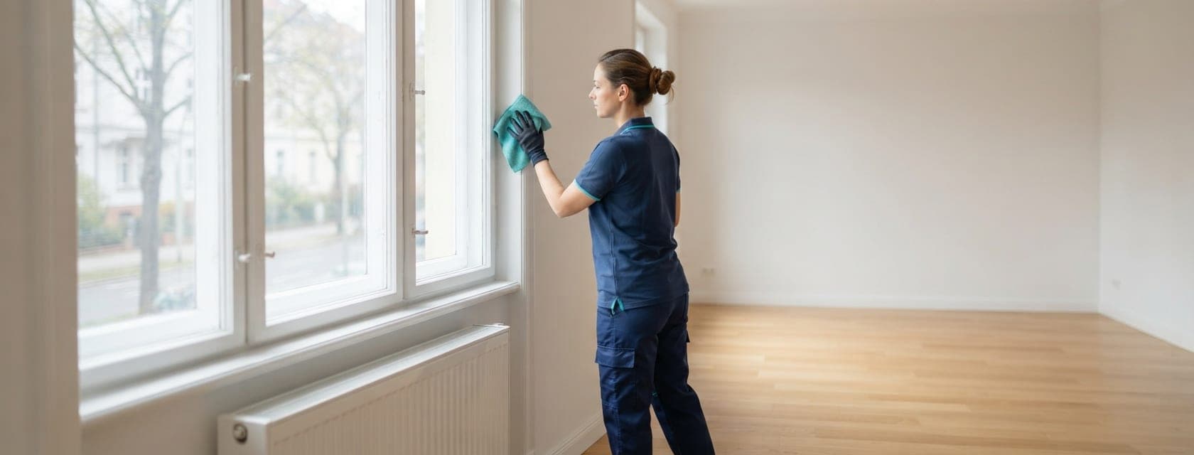 Intervenante essuyant l'embrasure d'une fenêtre dans un appartement vide