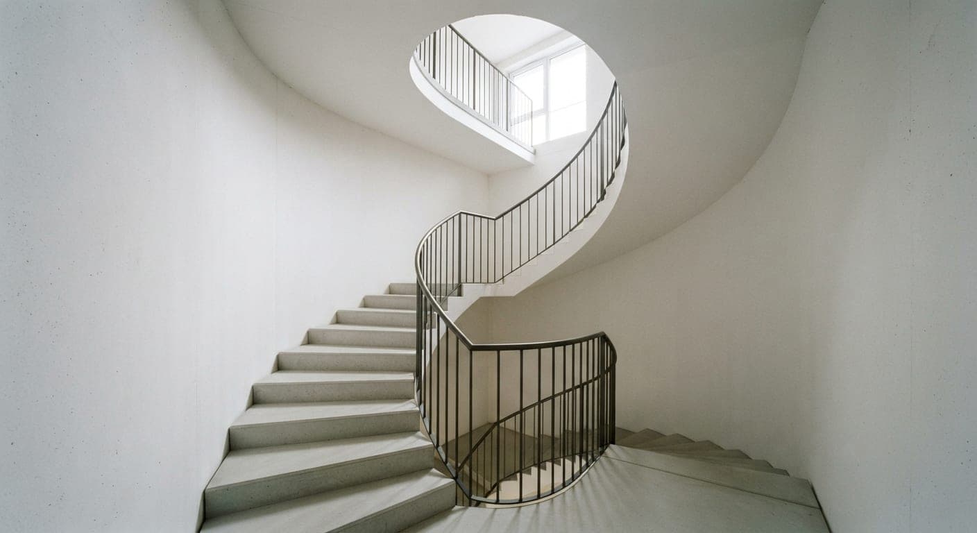 Cage d'escalier d'immeuble vue en contre-plongée, marches propres