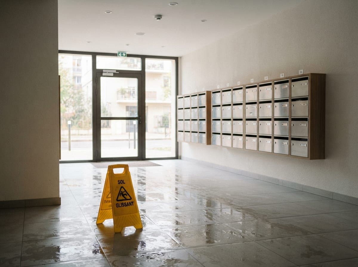 Hall d'immeuble au sol lavé, panneau de sol glissant devant les boîtes aux lettres
