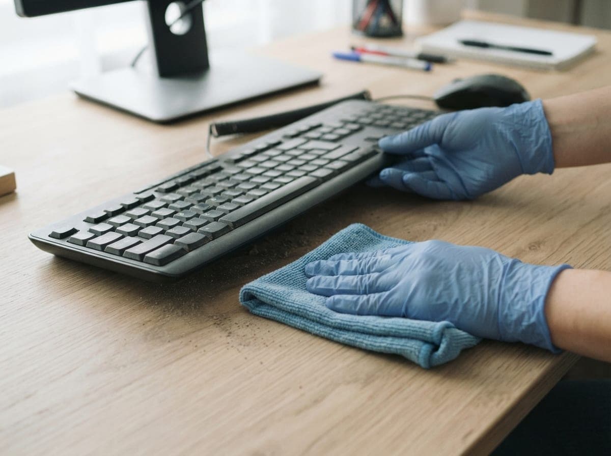Mains gantées soulevant un clavier pour essuyer le bureau dessous