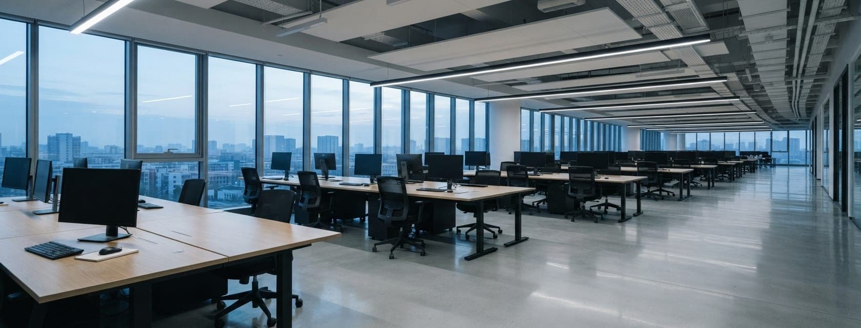 Plateau de bureaux vide au petit matin, sièges rangés sous les tables