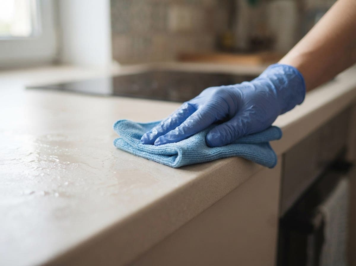 Main gantée essuyant un plan de travail au chiffon microfibre