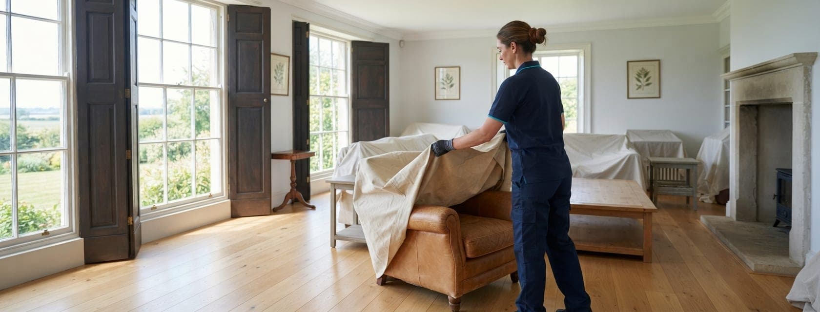 Intervenante retirant les housses de protection à la réouverture d'une maison
