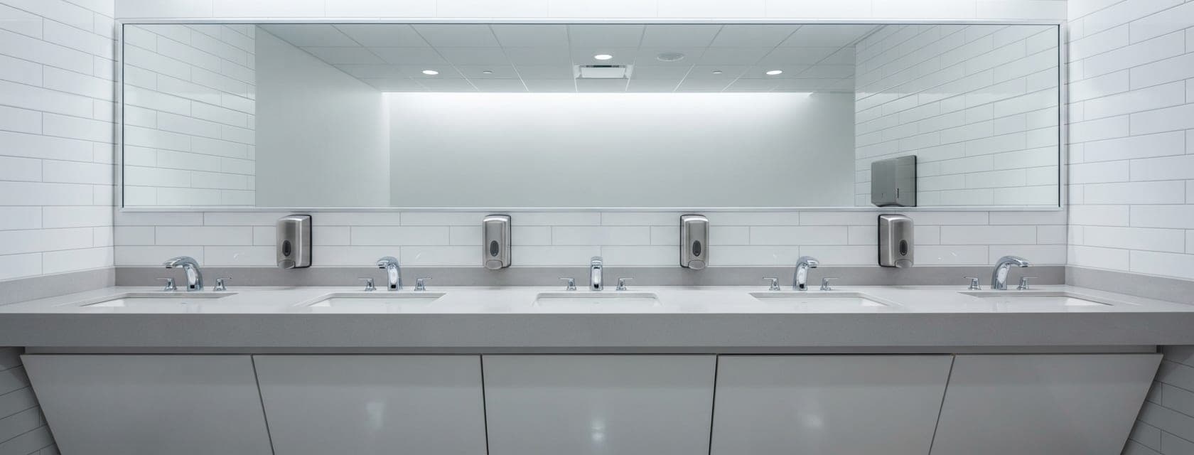 Rangée de lavabos de sanitaires d'entreprise, miroirs et robinetterie sans traces