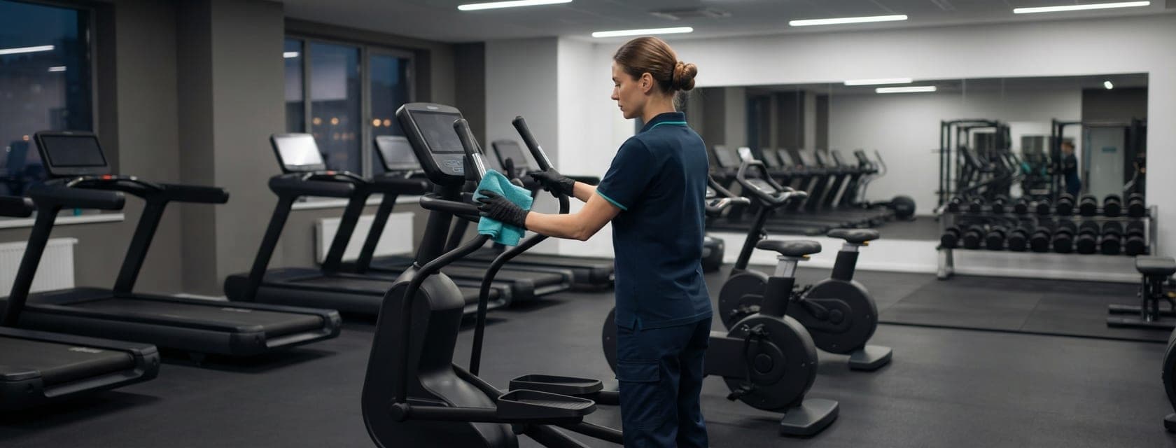 Intervenante désinfectant un appareil de cardio avant l'ouverture de la salle