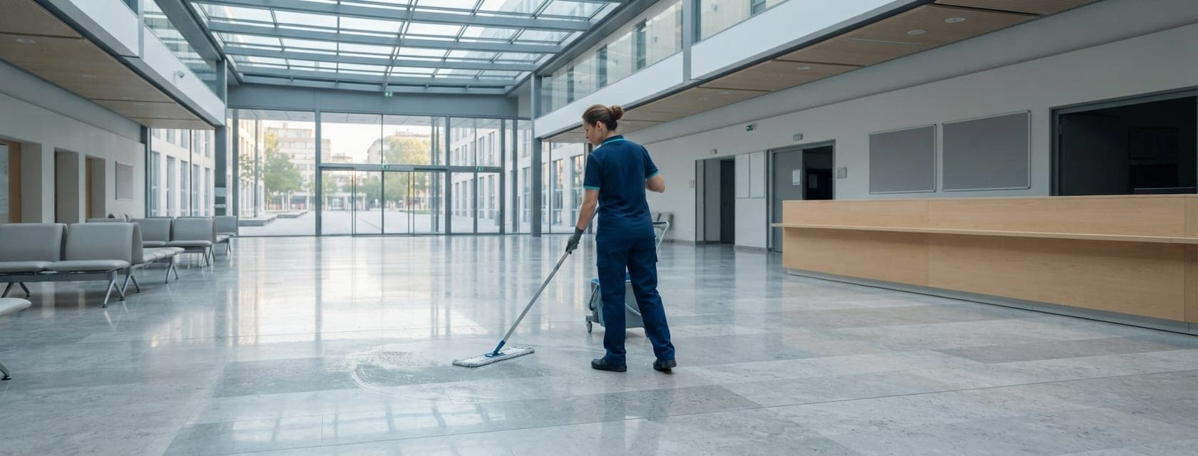 Intervenante passant le balai à plat dans un couloir vitré de bureaux